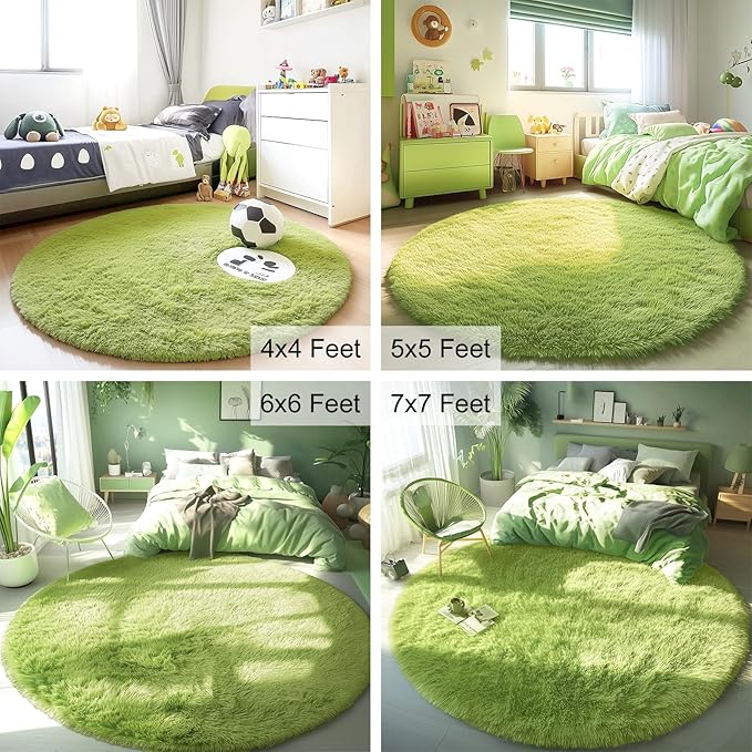 OLANLY Grass Green Round Rugs for Bedroom - Machine Washable, 7x7 Feet Circle Area Rugs for Living Room, Soft Fluffy Shaggy Carpet for Teen Girls and Boys, Dorms, Nursery Rooms, Home Decor Aesthetic