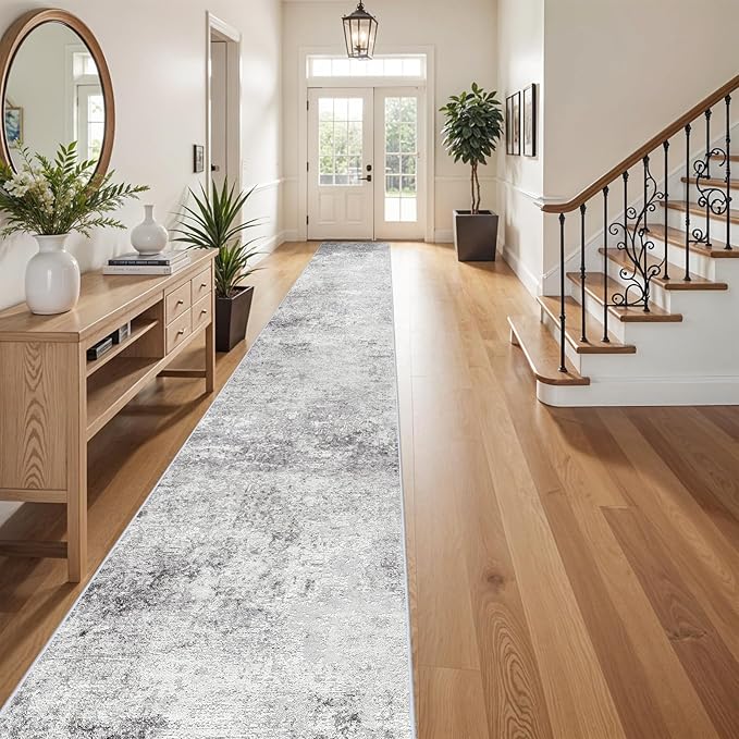 Washable 3x20 Hallway Runner Rug - Runner Rugs Modern Stain Resistant Indoor Mat Rug Runner for Laundry, Bedroom Non Slip Rubber Backing Thin Hallway Runner Rug Low Pile Carpet 3x20 Grey