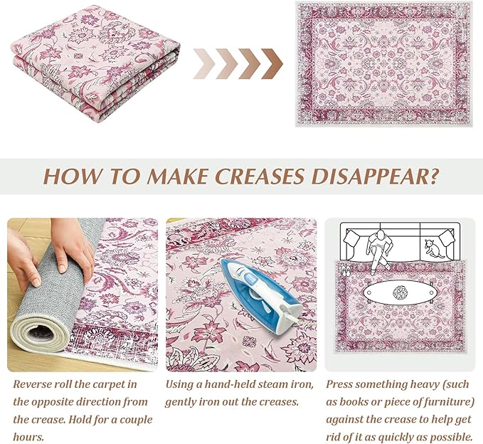 Area Rugs for Living Room, Washable 5x7 Area Rug for Bedroom, Floral Non-Slip Carpet for Nursery Home Office Dining Room Kitchen, Pink and White