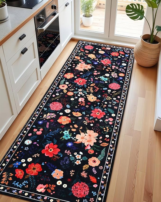 2.5x8 Floral Runner Rug, Flowers Printed Washable Rugs with Non Slip Backing for Girls Bedroom Kitchen Hallway,Cute Carpet Runners Home Aesthetic Decor, Black