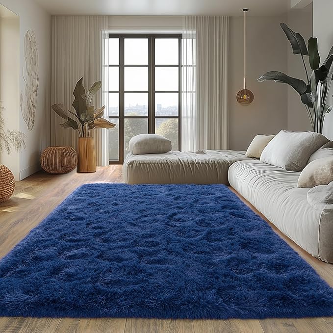 Shag Area Rugs for Living Room, Soft Fuzzy Plush Rugs, Upgrade Anti-Skid Modern Furry Rugs Fluffy Carpets for Kids Room Nursery Home Decor Dark Blue, 5X7 Feet
