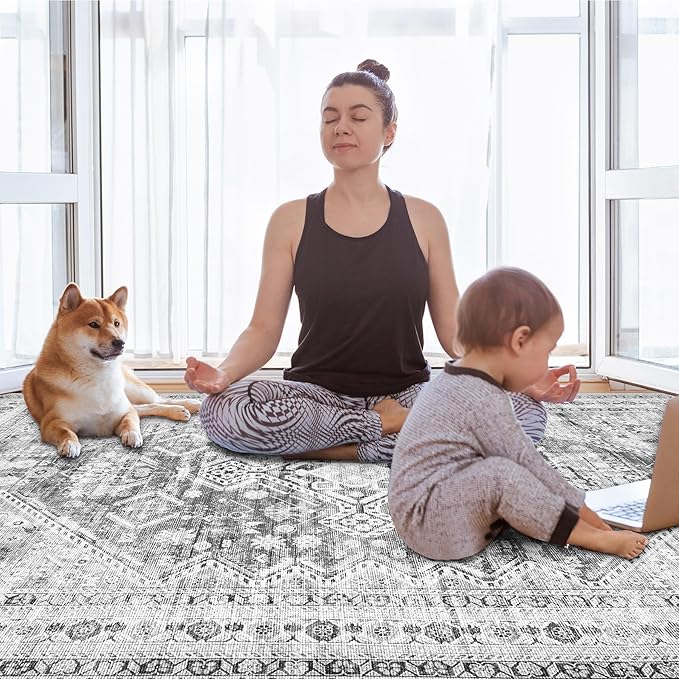 Zomfy Area Rug Vintage 9x12 Living Room Rugs: Large Washable Rug, Traditional Medallion Rug, Non Slip Boho Carpet for Bedroom Dining Table Kitchen Home Office(Grey, 9'x12')