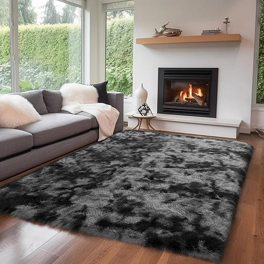 Zentavio Black and Grey Area Rugs for Living Room Large Men Room Carpet 5x8 Bedroom Fluffy Furry Shag Aesthetic Plush High Pile Floor Rug for Kids Room Dorm Home Decor Gray
