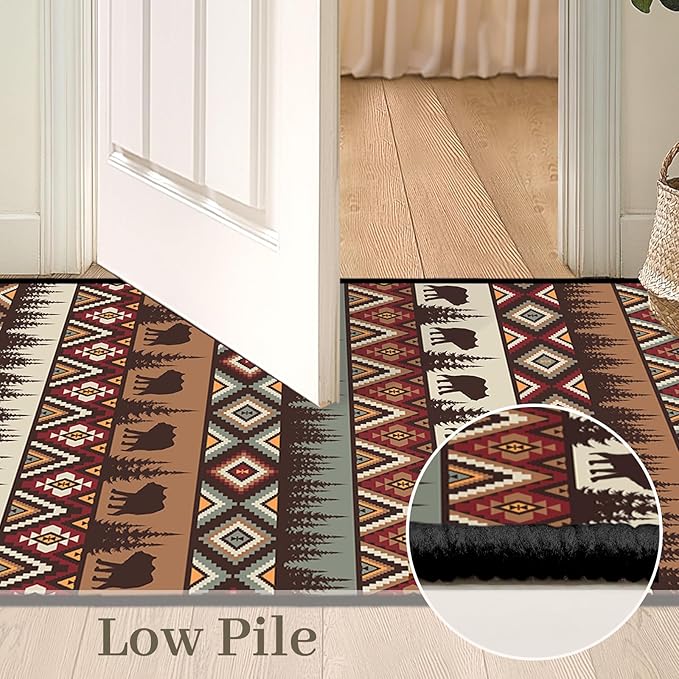 Rustic Cabin Wildlife Long Runner Rug 2x6 Throw Rug,Bear Moose Deer Country,Vintage Area Rug Washable Hallway Rugs Non-Slip Farmhouse Floor Carpet Runner for Bedroom Laundry Room Entrance Door Mat