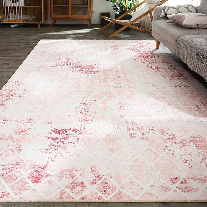 Carvapet Pink Rugs for Living Room Bedroom, Low Pile Large Carpet with Rubber Backing, Foldable, Non Slip Machine Washable (7 x 5 Feet Rectangular, Pink Area Rug)