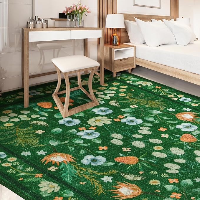 Area Rugs for Living Room, Washable 5x7 Vintage Rug for Bedroom, Non-Slip Floral Carpet for Home Office Nursery Dining Room Kitchen, Green