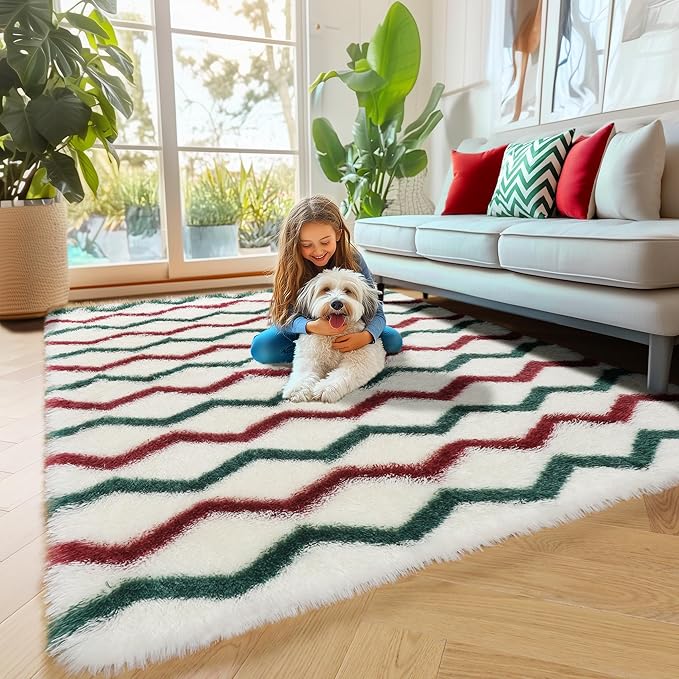RUGTUDER Soft Fluffy Rugs for Bedroom, Washable Fuzzy Furry Rugs for Living Room, 4x6 Non Slip Striped Geometric Shaggy Rug for Living Room Girls Boys Dorm Classroom Nursery Decor, White Red Green