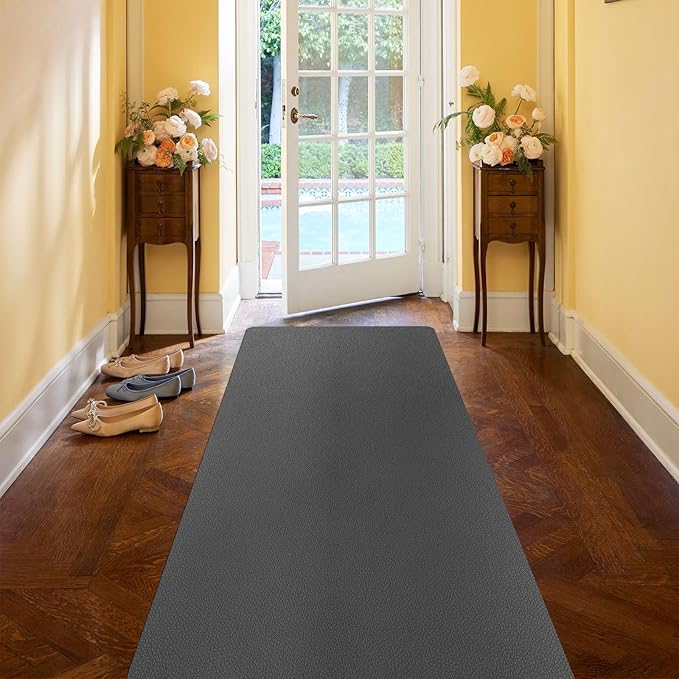 3'x 6' Hallway Runner Rug for Kitchen, Leather-Look Waterproof Vinyl Entryway Floor Mat, Washable Comfort Standing Mat for Bedroom, Bathroom, Laundry Room (Dark Gray)
