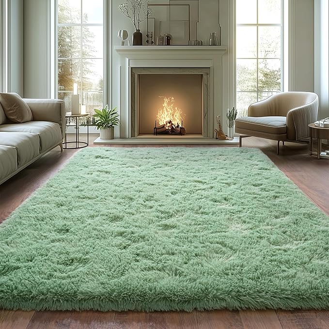 Fluffy Rug for Living Room Shaggy Soft Area Rug Mint Green Fuzzy Rug Non-Slip Indoor Floor Carpet, Rectangle 4x6 Feet