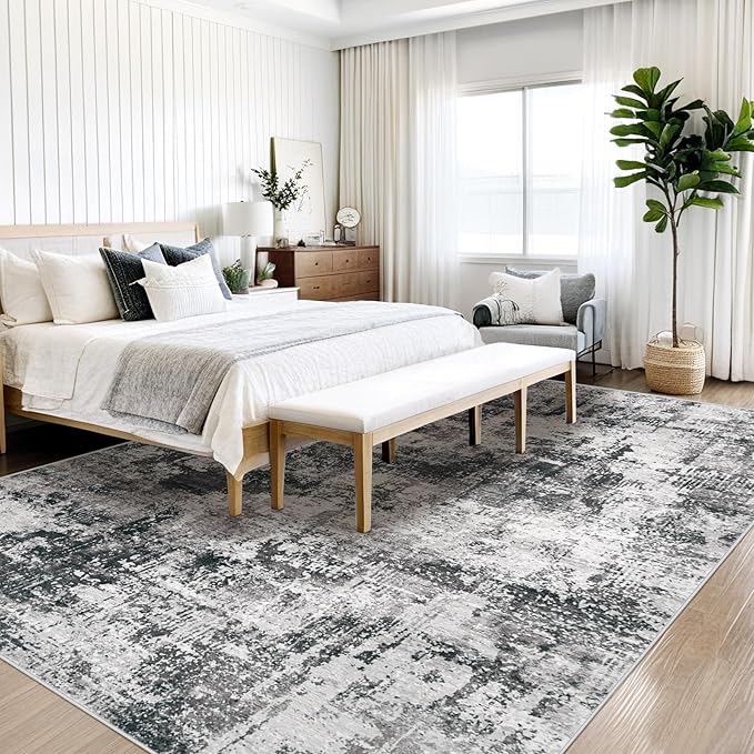 Washable Area Rug 9x12 Living Room Rugs: Abstract Large Rug Neutral Modern Carpet with Non Slip Backing for Bedroom Dining Room Office (Black Grey, 9'x12')