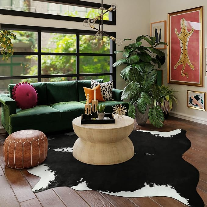 AROGAN Premium Faux Cowhide Rug 158 x 140 cm/5.2 x 4.6 feet, Durable and Large Size Cow Print Rugs, Suitable for Bedroom Living Room Western Decor, Faux Fur Animal Cow Hide Carpet, Black