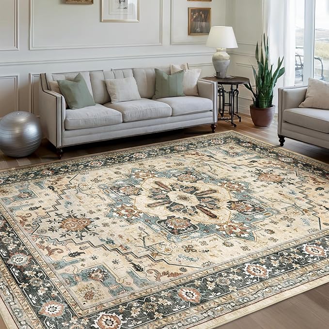 Area Rugs for Living Room 9x12 - Large Machine Washable Vintage Oriental Soft Rug, Low Pile Thin Carpet with Non Slip Backing for Bedroom, Dorm, Under Dining Room Table, Indoor House, Office Decor