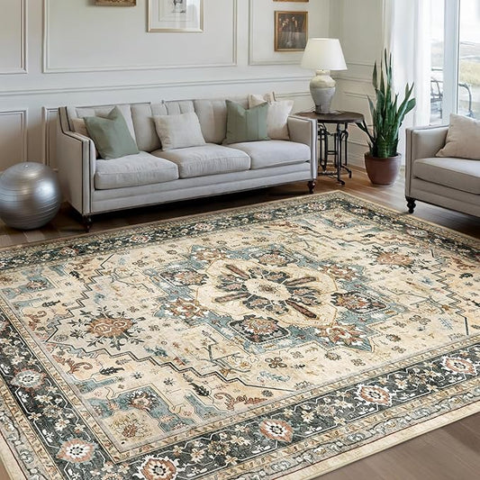 Area Rugs for Living Room 9x12 - Large Machine Washable Vintage Oriental Soft Rug, Low Pile Thin Carpet with Non Slip Backing for Bedroom, Dorm, Under Dining Room Table, Indoor House, Office Decor