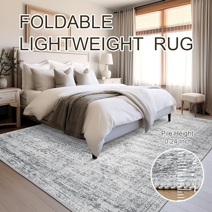 10x14 Area Rugs for Living Room, Non Slip Machine Washable Vintage Rugs, Low Pile Lightweight Large Rug for Bedroom, Dining Room, Home Office Grey