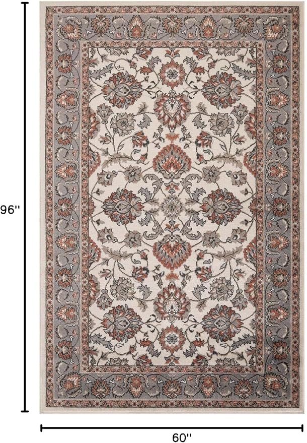 Superior Indoor Area Rug, with Jute Backing, Chic Bordered Floor Decor for Living Room, Bedroom, Office, Entryway, Kitchen, Dining, Floral Design, Lille Collection, 5' x 8', Salmon