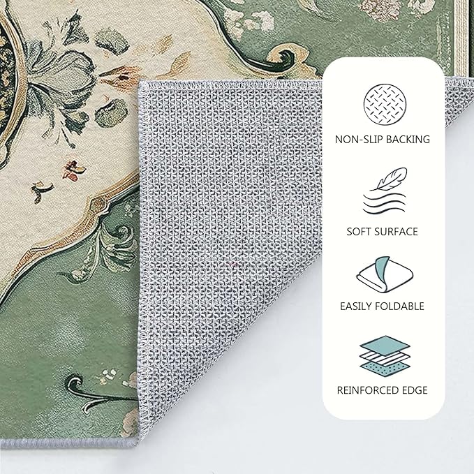 3x5 Area Rug Machine Washable Entryway Rugs Boho Green Rug Non-Slip Low Pile Door Mat Entrance Small Carpet for Home Kitchen Bathroom Bedroom