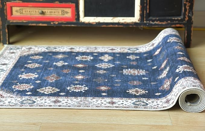 Soft Washable Faux Wool 4x6 Small Stain Resistant Rug Rubber Non-Slip Backing for Hallway Kitchen Bathroom Living Room Bedroom Entryway Indoor Doormat Bedside Carpet Mat (Navy Blue, 4' x 6')