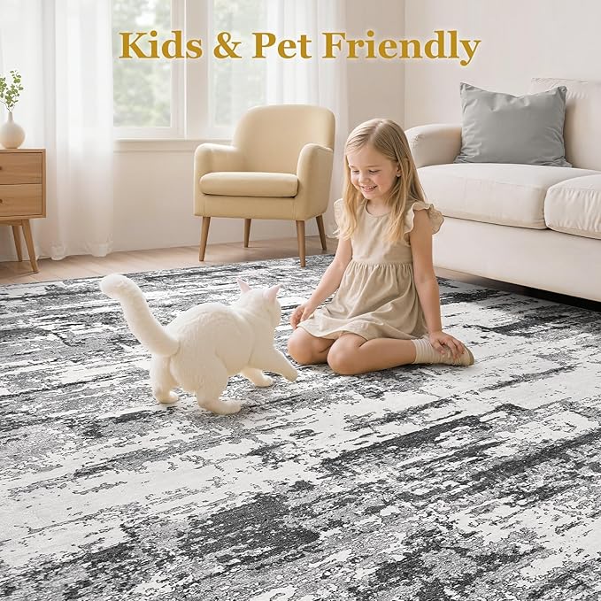 Area Rugs for Living Room: 8x10 Abstract Washable Rug Modern Neutral Large Soft Stain Resistant Non-Slip Backing Machine Table for Bedroom Dining Room Indoor Home Office Carpet - Black Grey