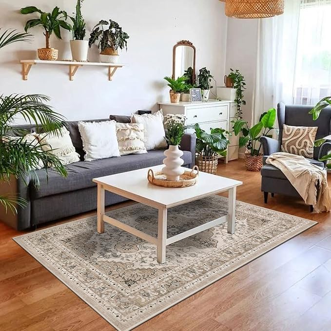 U'Artlines Boho Vintage Area Rug 3x5 Machine Washable Low Pile Soft Floor Carpet Non Slip Non Shedding Accent Rug for Living Room Bedroom Entryway Dining Room Office Beige Brown