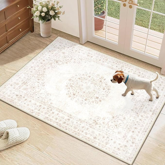 2x3 Area Rugs for Entryway: Washable Vintage Rug Indoor Soft Non-Slip Distressed Doormat for Bedroom Bathroom Kitchen Home Office (Beige, 2'x3')