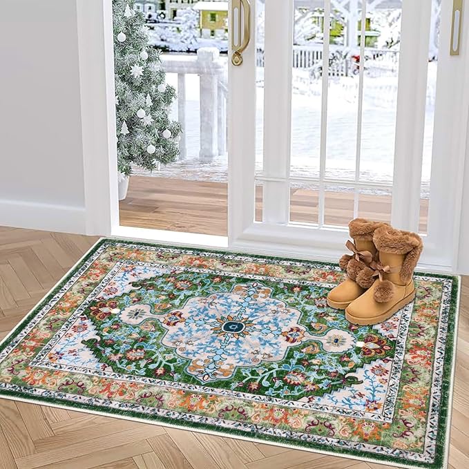 U'Artlines Washable Boho Area Rug, 2x3 Small Soft Non Slip Vintage Doormat for Indoor Front Door Green Mat Carpet for Entryway Kitchen Bathroom Bedroom
