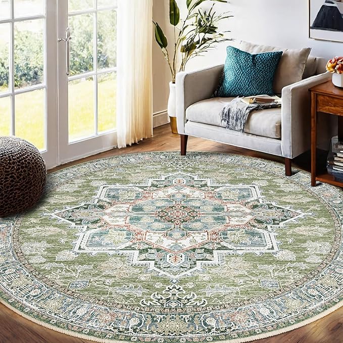BESTSWEETIE 8ft Area Rugs for Living Room Washable Non Slip Carpet Low Pile Soft Vintage Print Pattern Rug for Bedroom Dining Room Kitchen Entryway Indoor-Green/Light tan/Blue/Grey