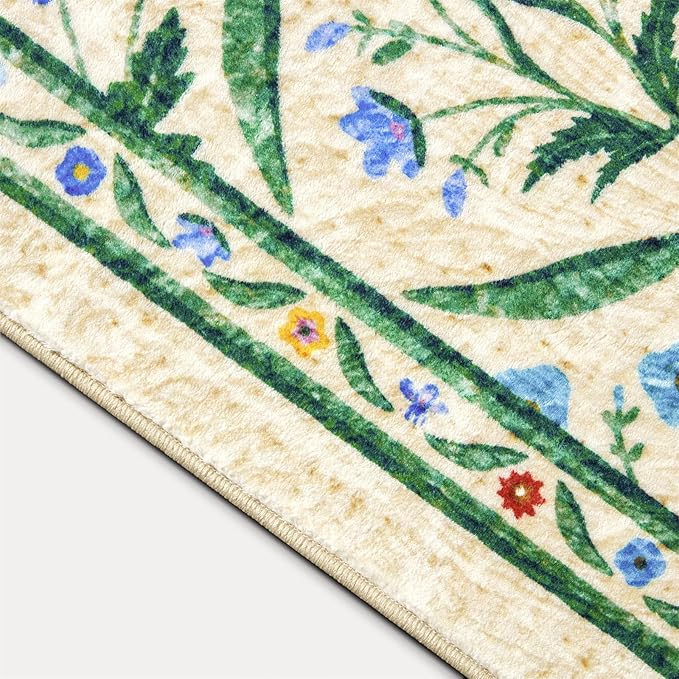 Vintage Floral Entryway Rug Washable, Thin Pile Oriental Distressed 5x7 Indoor Carpet Stain Resistant, Country Boho Flowers Cute Green Area Rug for Bedroom Dining Living Room Kitchen Nursery Dorm