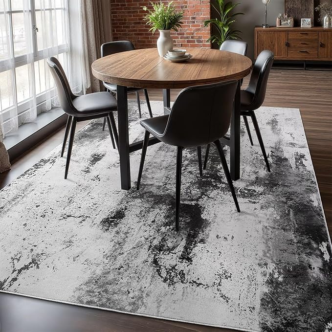 Washable Abstract Rug, 6x9 Modern Area Rugs with Non-Slip Rubber Backed for Living Room, Thin but Soft Contemporary Carpet Kitchen Bedroom Dining Room Decor, Black Grey