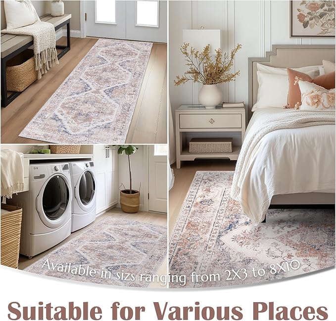 jinchan Runner Rug 2x10 Washable Kitchen Runner Rug Non Slip Light Red Vintage Hallways Ultra-Thin Floral Print Floor Cover Accent Throw Carpet for Laundry Room Bedroom Living Room