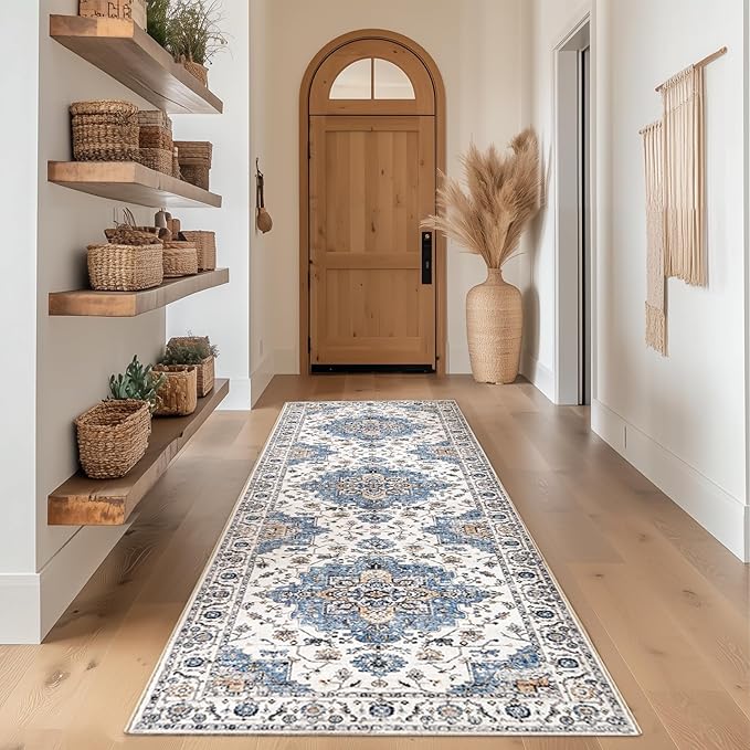 jinchan Runner Rug 3x8 Vintage Hallway Runner Boho Washable Rug Floral Medallion Retro Non Slip Classic Thin Soft Carpet for Kitchen Bedroom Bathroom Laundry Room Doorway Blue