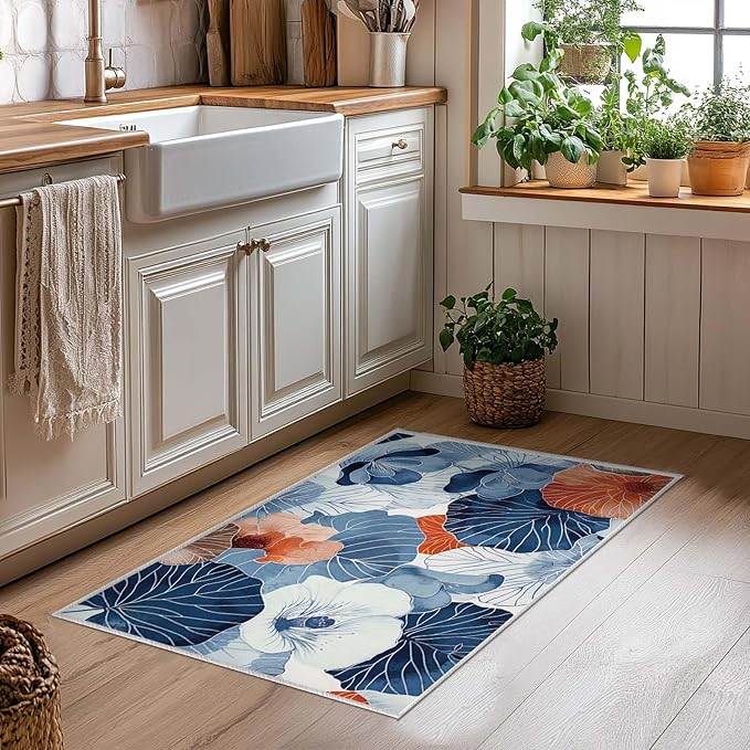 2x3 Entryway Rug Boho Botanical Leaf Japanese Navy Blue Orange Area Rug Ultra-Thin Soft Small Carpet Bathroom Non Slip Indoor Entrance Low Pile Door Mat Kitchen Stain Resistant Washable Machine