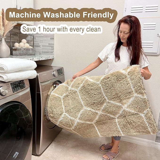 ONASAR Area Rugs for Bedroom Living Room, Washable 4x6 Fluffy Beige and White Throw Rug Floor Mat for Home Decor Aesthetic, Geometric Soft Shaggy Plush Carpet for Kids Teen Nursery Dorm Office