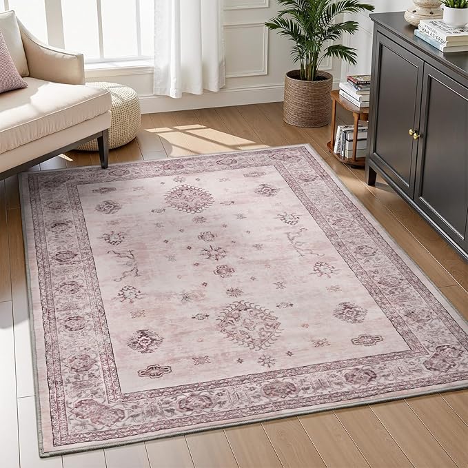 AMOAMI-Vintage Area Rug 3x5 Pink Rugs for Living Room-Soft Washable Rug Non Slip Entryway Rug Indoor Vintage Throw Accent for Bedroom Laundry Room Dining Bathroom Bedside