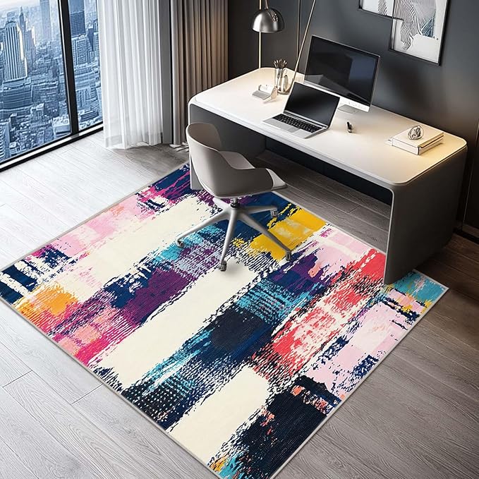 4x6 Rug Abstract Colorful Area Rug Bedroom Ultra-Thin Soft Low Pile Large Carpet Living Room Non Slip Dining Room Office Stain Resistant Washable Machine