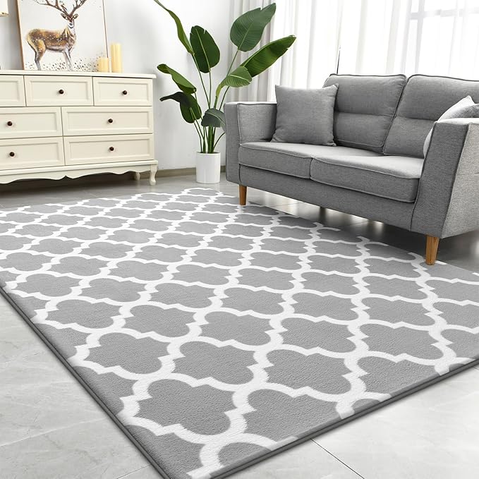 Geometric Shag Modern Area Rug for Living Room Bedroom, 3x5 Moroccan Fluffy Rug Indoor Carpet for Kids Nursery Bedside Room Decor, Memory Foam Super Soft Shaggy Rugs, Grey