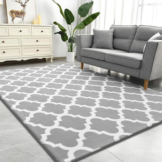 Large 5x8 Geometric Shag Modern Area Rug for Living Room Bedroom, Moroccan Fluffy Rug Indoor Carpets for Kids Nursery Bedside Room Decor, Memory Foam Soft Shaggy Rugs, Grey