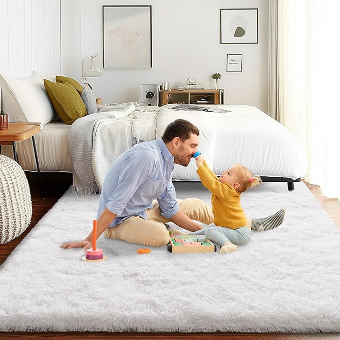 4x6 Area Rug for Bedroom, White Rugs for Living Room Nursery Kids Room Dorm Home Decor Aesthetic, Fluffy Shaggy Rug with 4 Anti-Slip Carpet Tapes