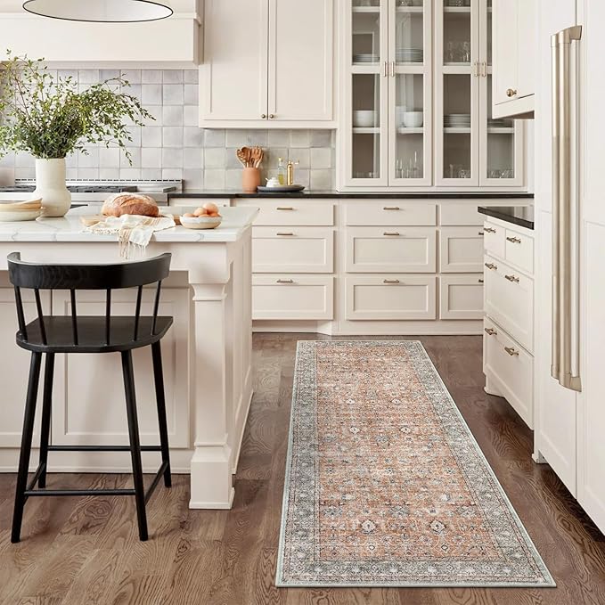 LIVEBOX Washable Runner Rug 2x6 - Boho Kitchen Runner Rug Long Entryway Hallway Rugs, Low-Pile Vintage Terracotta Rugs for Bedroom, Non-Slip Soft Carpet for Bathroom Laundry Room Hallway