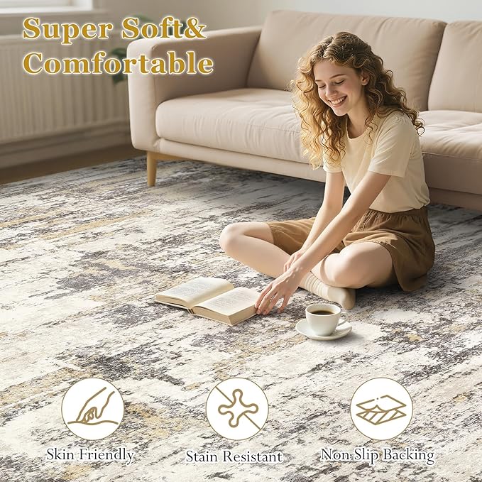Area Rugs for Living Room: 5x7 Thickened Abstract Washable Rug Modern Neutral Soft Stain Resistant Non-Slip Backing Carpet for Bedroom Dining Room Indoor Home Office - Gold Brown