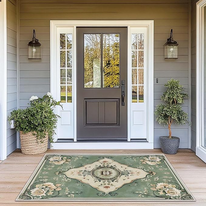 3x5 Area Rug Machine Washable Entryway Rugs Boho Green Rug Non-Slip Low Pile Door Mat Entrance Small Carpet for Home Kitchen Bathroom Bedroom