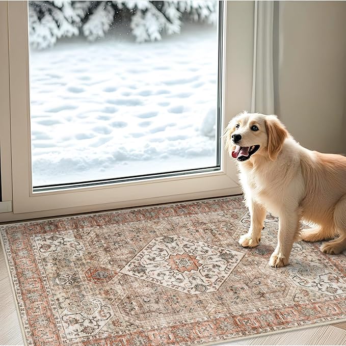 Washable 2x3 Entryway Area Rug: Vintage Non-Slip Backing Rugs for Kitchen Bathroom Water Resistant Carpet for Bedroom Soft Low Pile Front Door Mat for Dining Room 2x3 Orange/Brown