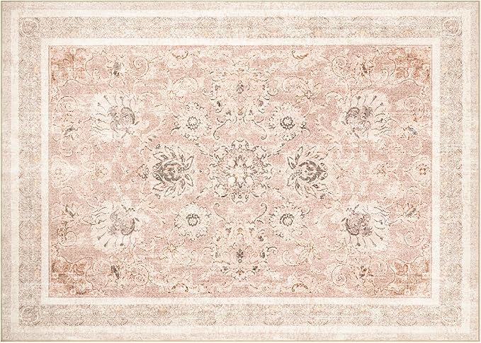 Phantoscope Vintage Collection Area Rug 5'x7' for Living Room - Washable Rug Large Boho Carpet Non-Slip for Bedroom Dining Room, Indoor Low-Pile Neutral Distressed Accent Rug, Soft Pink/Beige