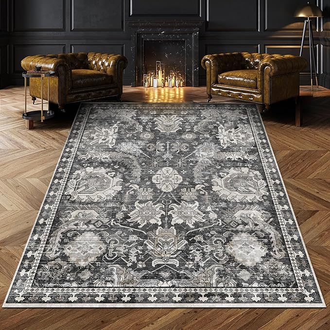 Washable Area Rugs - Perfect for Living Room, Bedroom, Kids Room, Nursery - Stain & Water Resistant Non-Slip, Pet & Child Friendly, Vintage Tribal Area Rugs (Grey, 9' x 12')