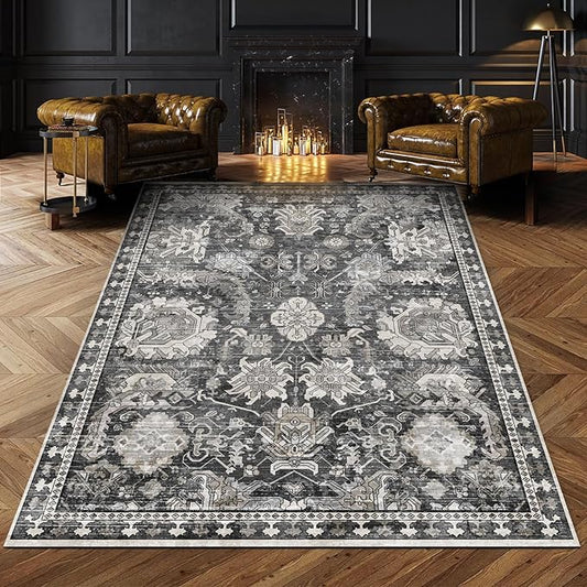 Washable Area Rugs - Perfect for Living Room, Bedroom, Kids Room, Nursery - Stain & Water Resistant Non-Slip, Pet & Child Friendly, Vintage Tribal Area Rugs (Grey, 9' x 12')