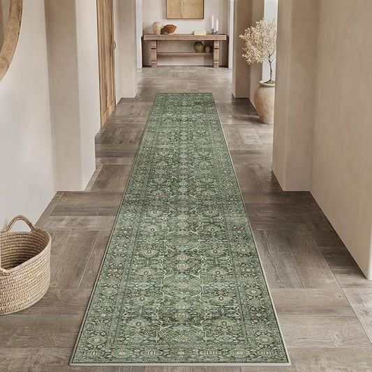 Green Runner Rug 2x10 Vintage Area Carpet Hallway Long Indoor Kitchen Washable Living Room Low Pile Traditional Distressed Retro Accent Throw Rug Non Slip Laundry Bathroom Office Dining Room