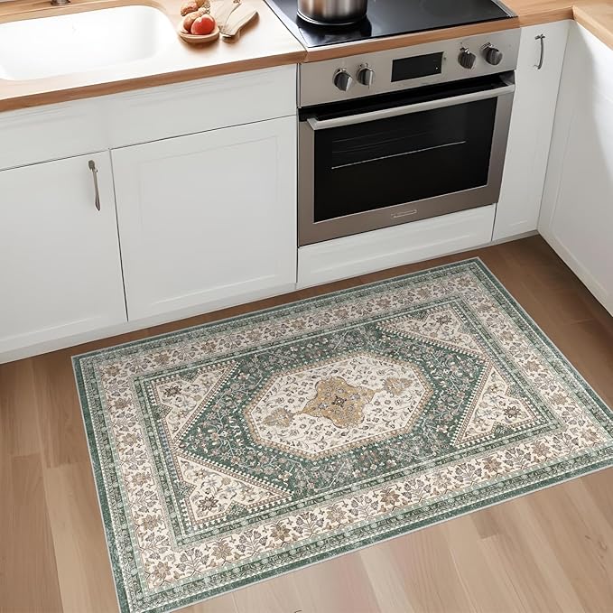 Washable Entryway 2x3 Rug: Small Boho Rugs for Indoor Entrance Non Slip Backing Stain Resistant Carpet Low Pile Throw Rugs for Bedroom Bedside Inside Front Door Floor Kitchen Decor(Green,2x3FT)