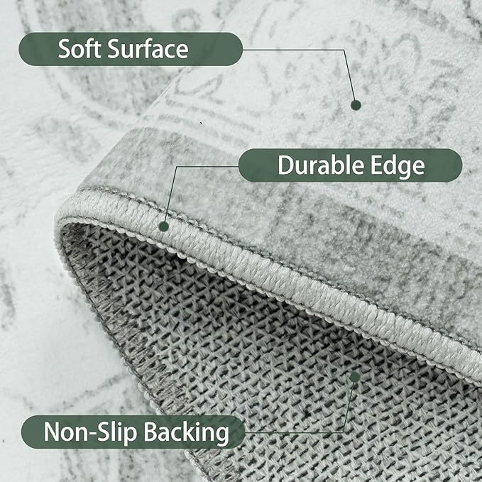 Washable Rugs 8x10 Area Rugs, Soft Vintage Living Room Rug with Anti-Skid Backing Stain Resistant Thin Indoor Carpet Large Area Rug for Bedroom Under Dining Room Table Nursery Entryway-Gray/Ivory