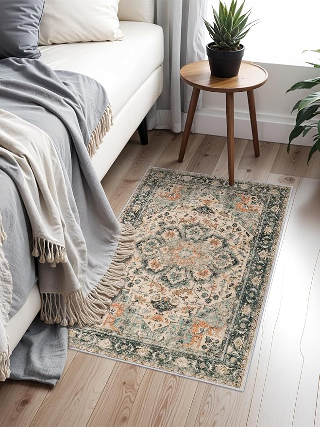 2x3 Washable Area Rug Vintage - Living Room Farmhouse Oriental Rug Distressed Non-Slip Stain Resistant Carpet for Bedroom Dining Room Home Kitchen Office (2x3 Green)