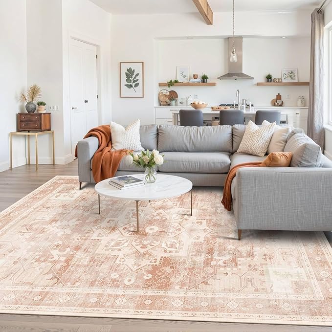 5X7 Washable Area Rug for Living Room, Vintage Large Boho Rugs for Office, Dining Room, Kids Room, Farmhouse, Low Pile Non Slip Carpet for High Traffic Areas, Orange
