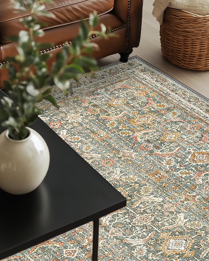 10X12 Area Rugs Machine Washable Rugs for Living Room, Vintage Boho Large Rugs for Bedroom Dining Room, Non Slip Indoor Soft Distressed Lightweight Thin Low Pile Carpet, Turmeric